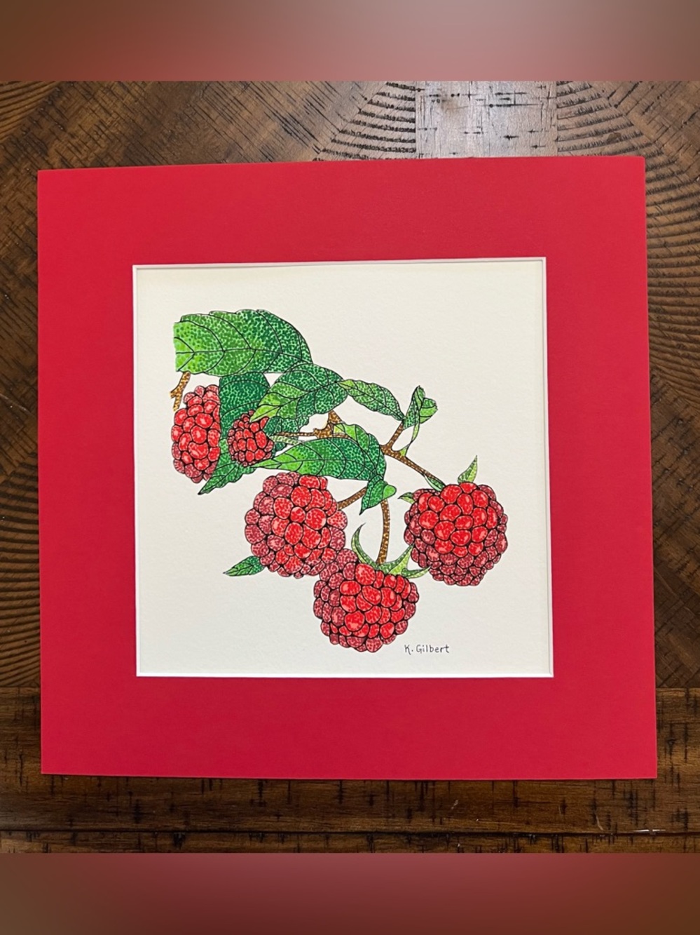 Raspberry Botanical Dot Painting – Original Watercolor (12x12, Matted)